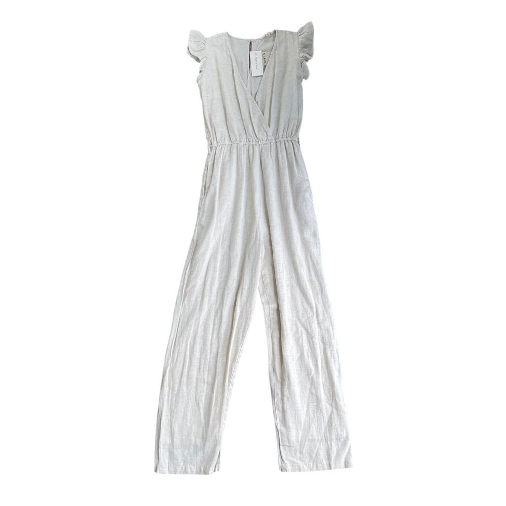 🤍 Sim & Sam Beige Linen Blend Ruffle Sleeve Jumpsuit NWT Small Neutral Style